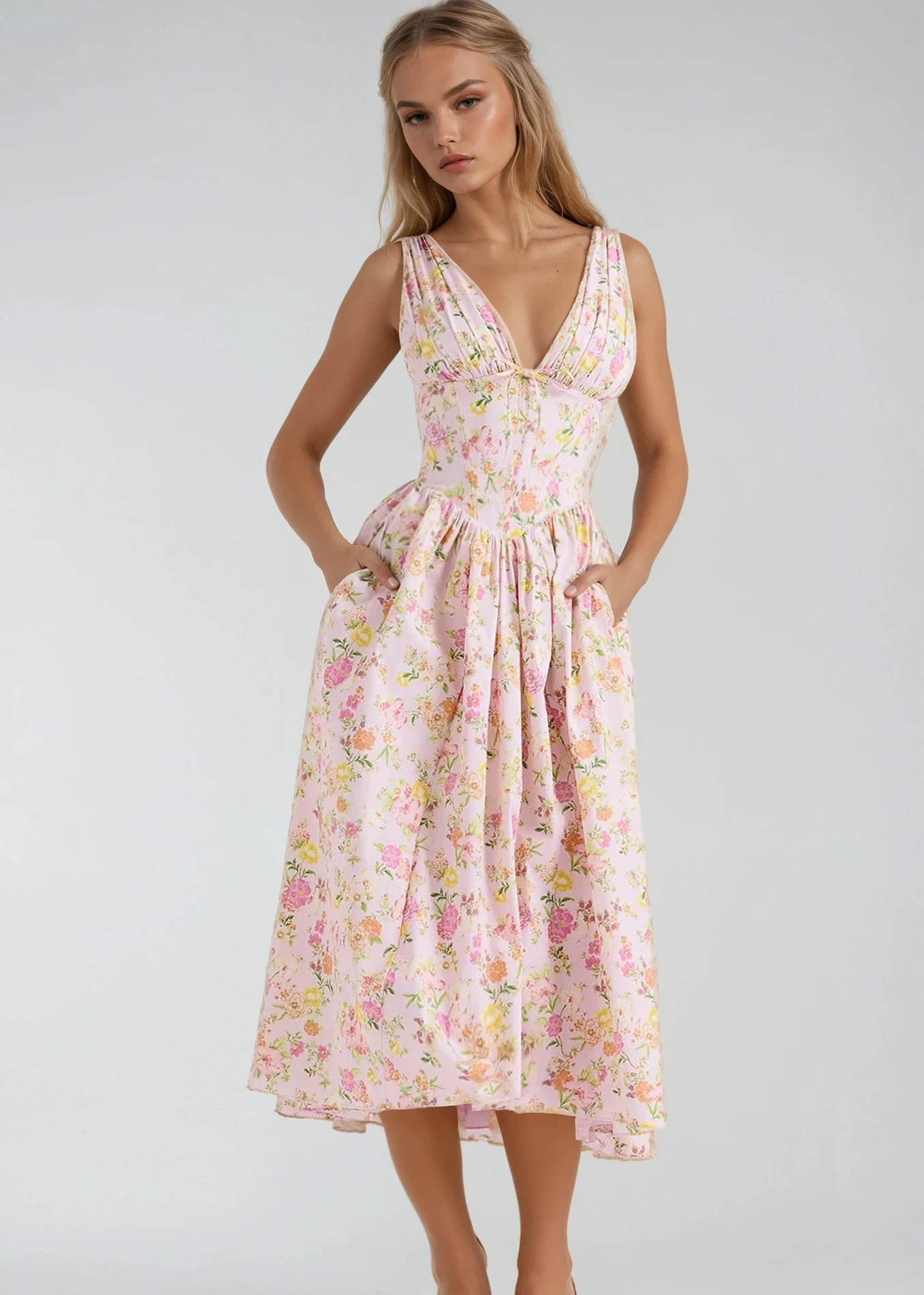 Aurora™ | Abito midi floreale con scollo a V e vita arricciata