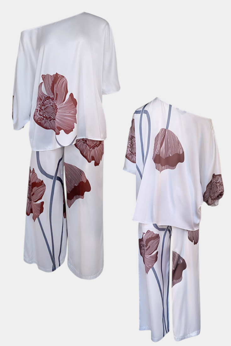 Jessie™ | Completo floreale con top asimmetrico e pantalone dritto