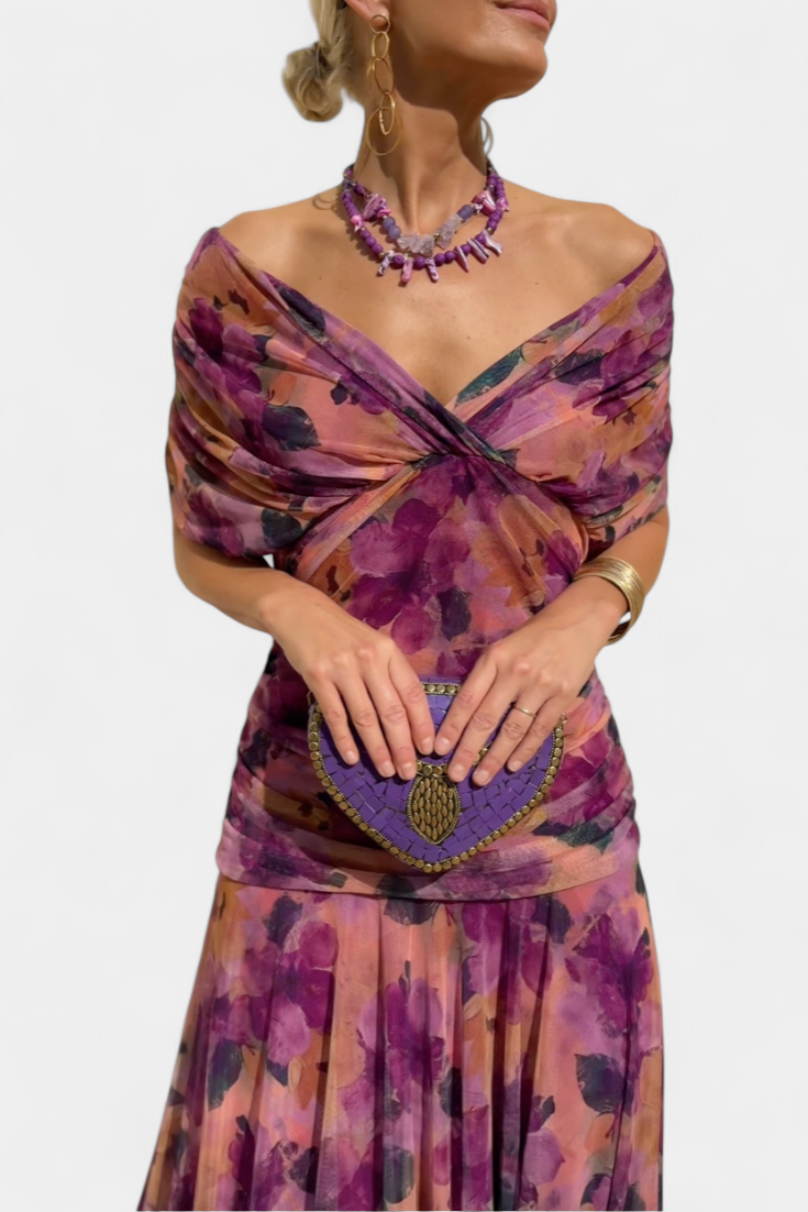 Alondra™ | Abito lungo con scollo Bardot e drappeggio elegante