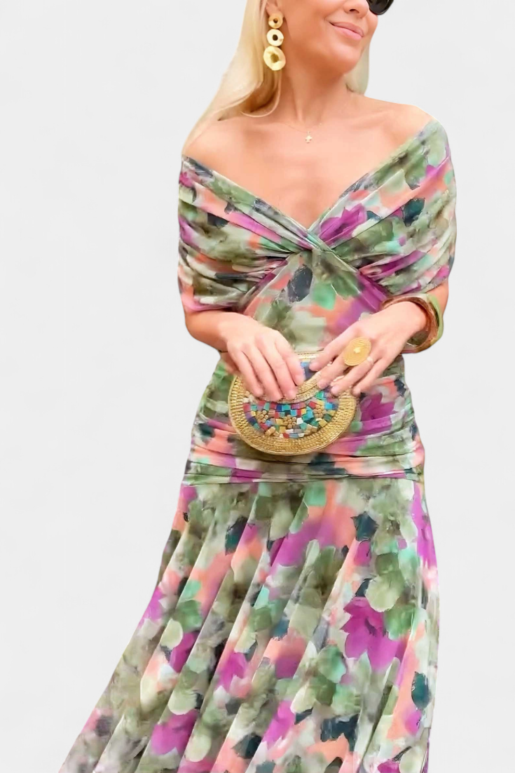 Alondra™ | Abito lungo con scollo Bardot e drappeggio elegante