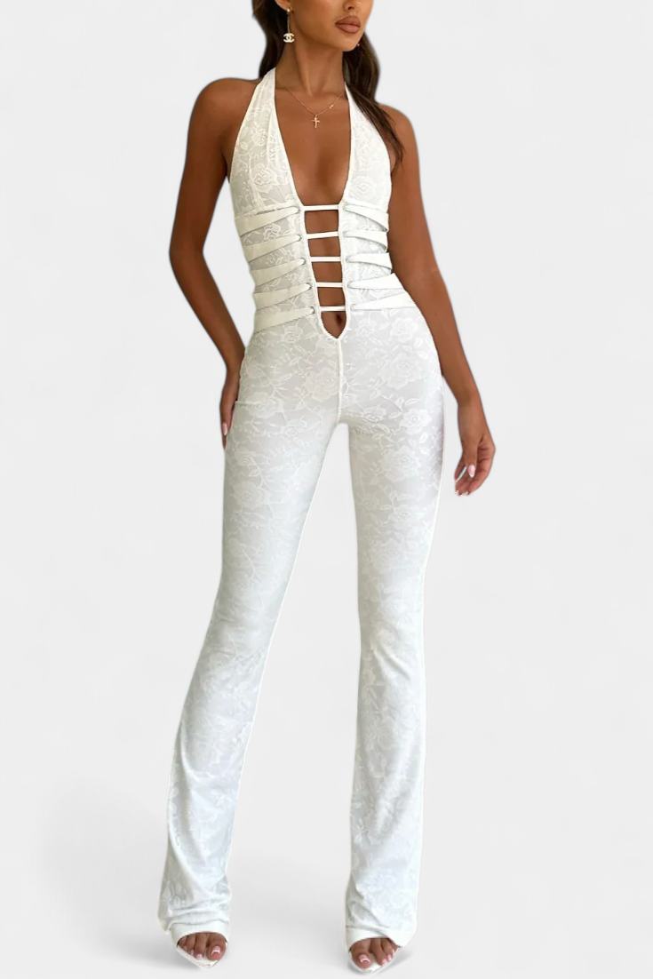 Kendra™ | Jumpsuit halter con dettagli in pizzo e gamba svasata