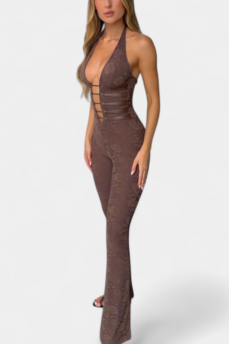 Kendra™ | Jumpsuit halter con dettagli in pizzo e gamba svasata