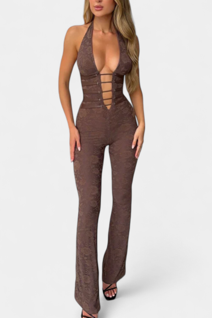 Kendra™ | Jumpsuit halter con dettagli in pizzo e gamba svasata