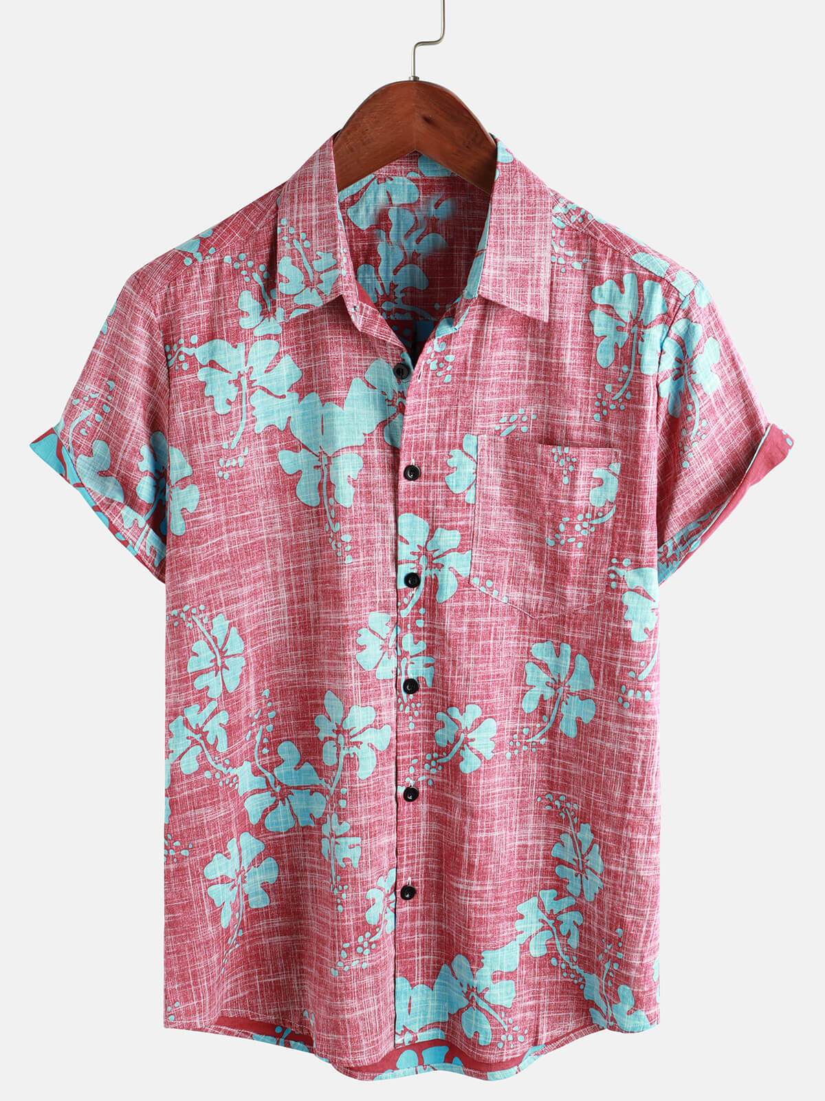 Camicia Hawaii rossa a maniche corte da uomo con motivo floreale