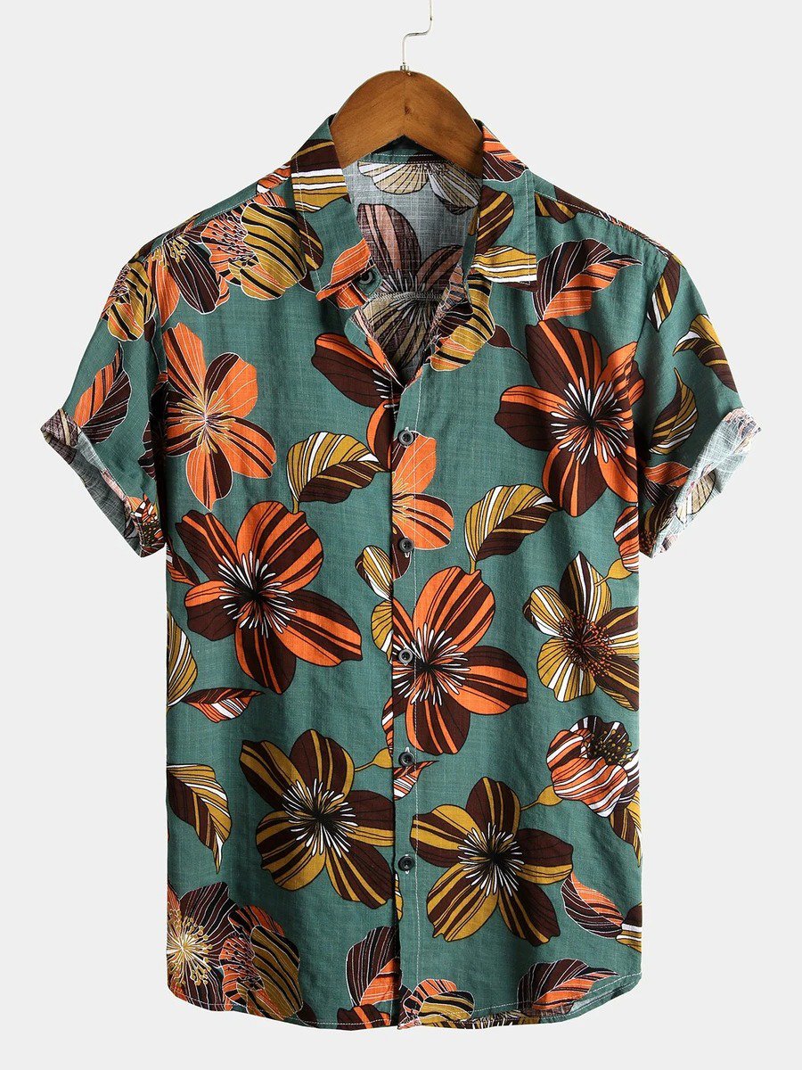 Camicia a maniche corte in cotone con motivo floreale da uomo