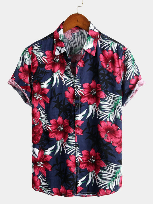 Camicia a maniche corte in cotone con motivo floreale da uomo
