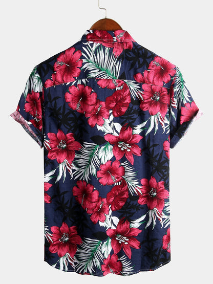 Camicia a maniche corte in cotone con motivo floreale da uomo