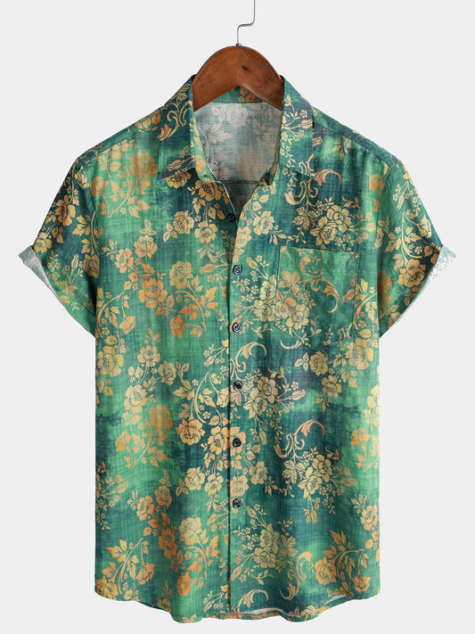 Camicia a maniche corte in cotone verde da uomo con motivo floreale