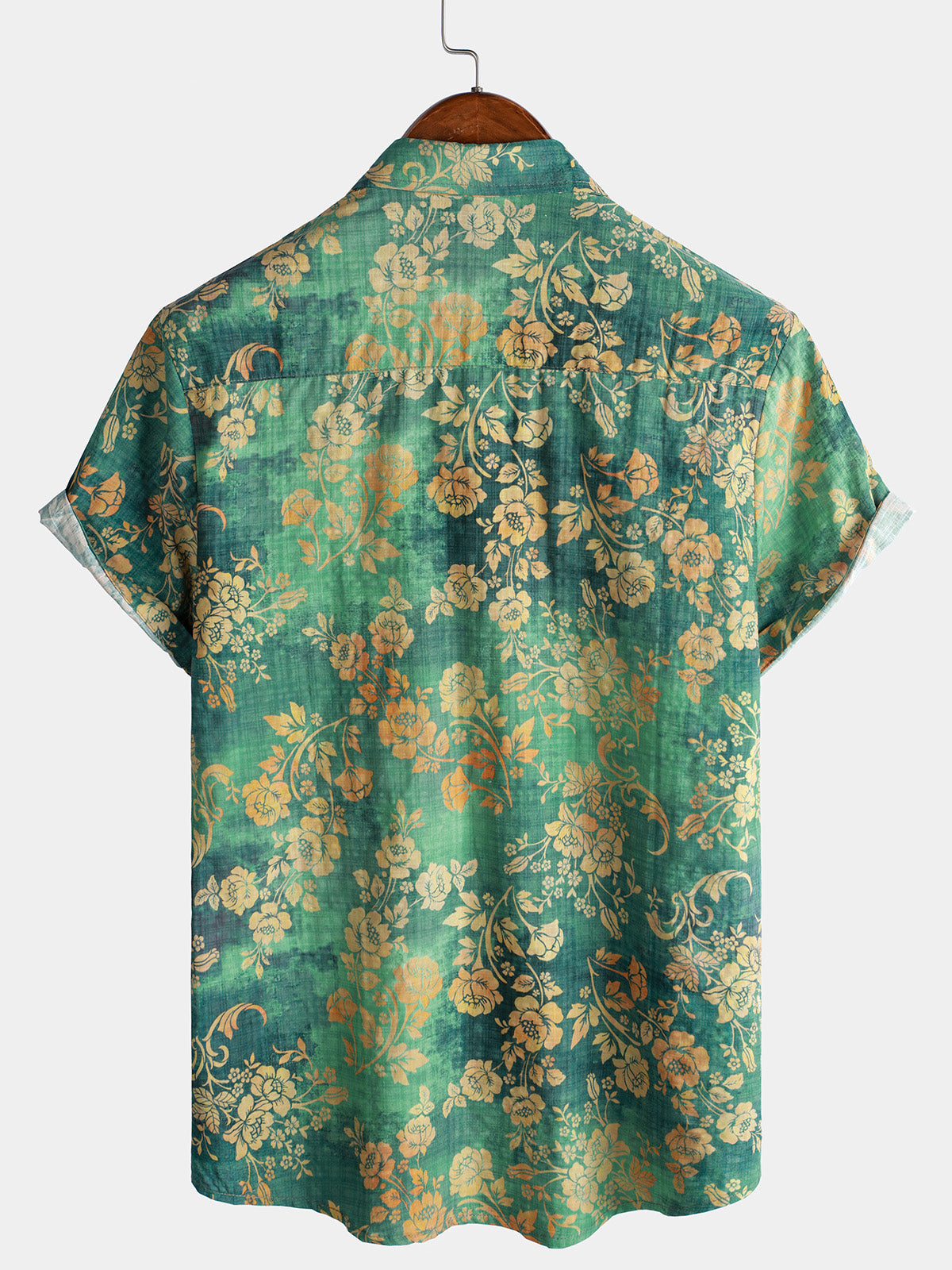 Camicia a maniche corte in cotone verde da uomo con motivo floreale