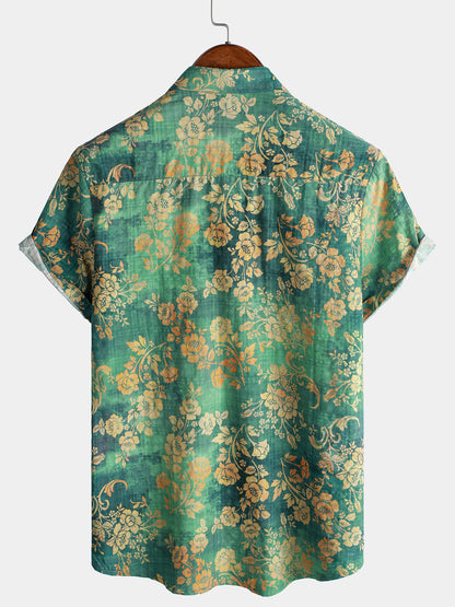 Camicia a maniche corte in cotone verde da uomo con motivo floreale