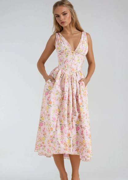 Aurora™ | Abito midi floreale con scollo a V e vita arricciata