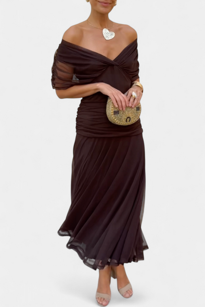 Alondra™ | Abito lungo con scollo Bardot e drappeggio elegante