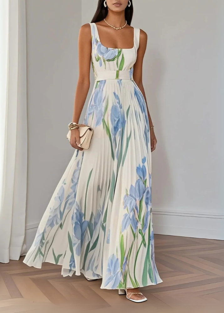 Revina | Abito lungo a fiori con plissé elegante