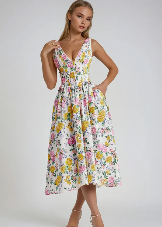 Aurora™ | Abito midi floreale con scollo a V e vita arricciata