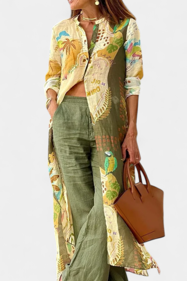 Melvina™ | Completo in lino con camicia asimmetrica e pantalone ampio