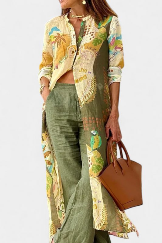 Melvina™ | Completo in lino con camicia asimmetrica e pantalone ampio