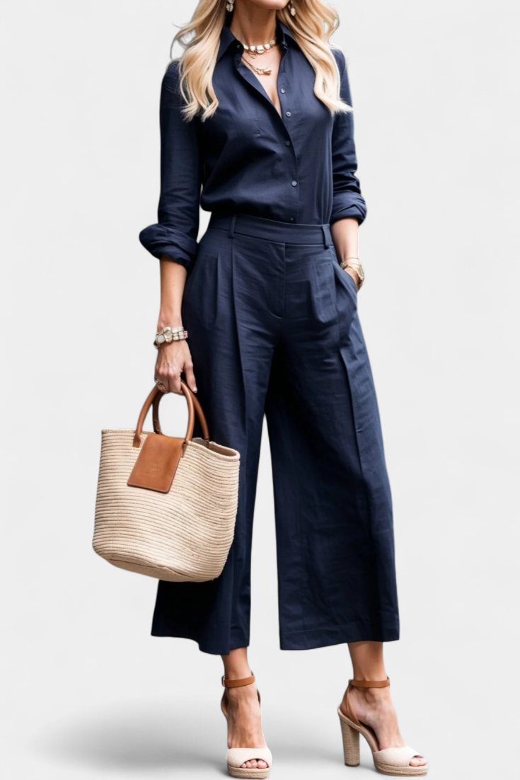 Sabina™ | Completo due pezzi con camicia fluida e pantaloni capri