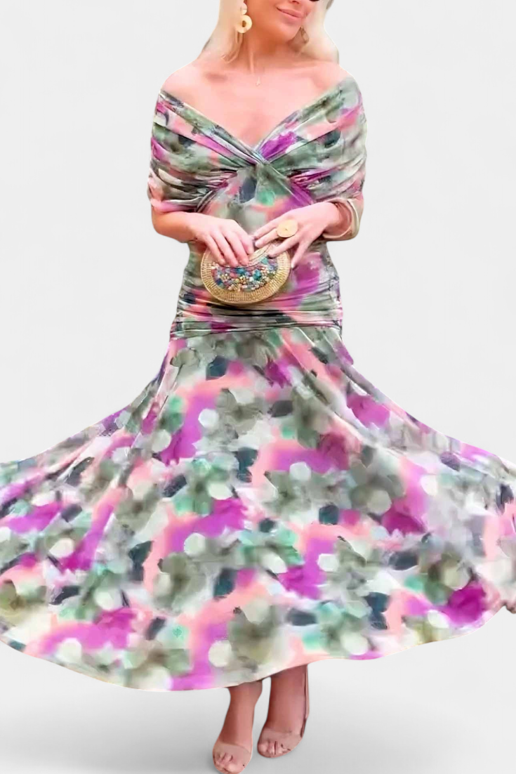 Alondra™ | Abito lungo con scollo Bardot e drappeggio elegante
