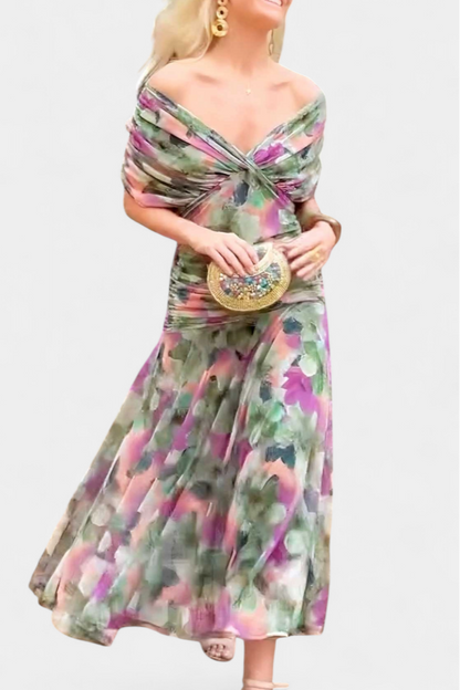 Alondra™ | Abito lungo con scollo Bardot e drappeggio elegante