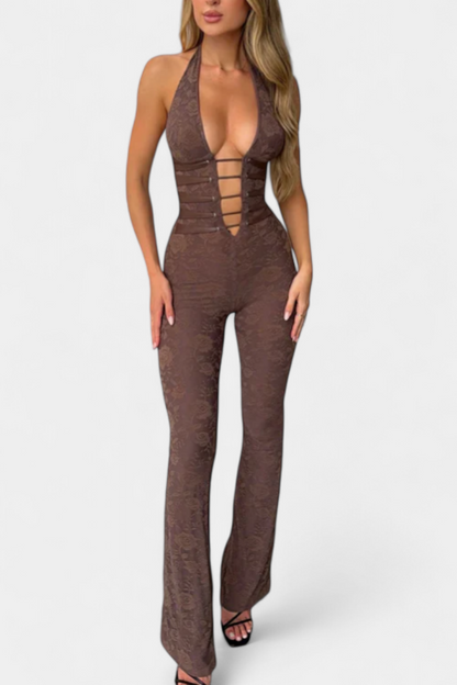 Kendra™ | Jumpsuit halter con dettagli in pizzo e gamba svasata