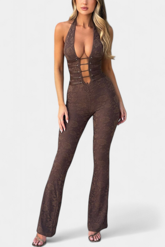 Kendra™ | Jumpsuit halter con dettagli in pizzo e gamba svasata
