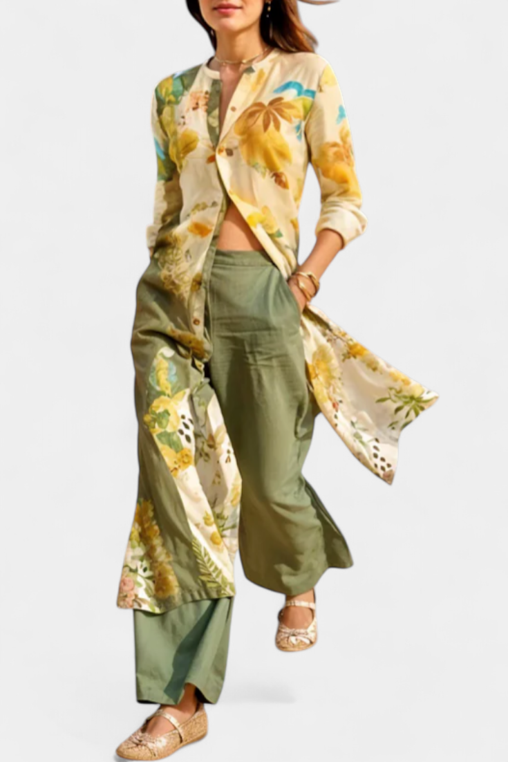Melvina™ | Completo in lino con camicia asimmetrica e pantalone ampio