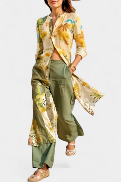 Melvina™ | Completo in lino con camicia asimmetrica e pantalone ampio